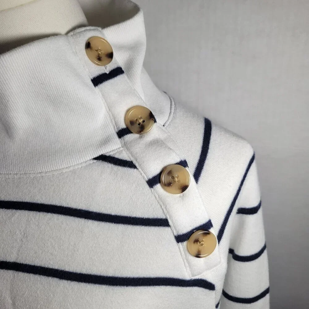 J.Crew Women White Navy Stripe Button Neck Long Sleeve Cotton Blend Tunic Size L